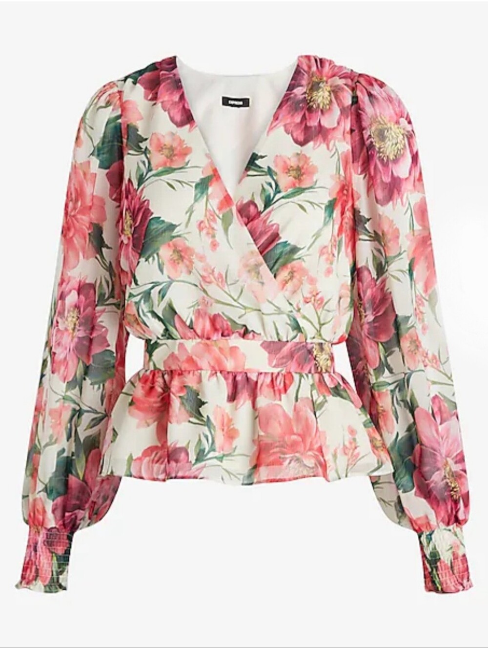 Express Pink Floral V-Neck Smocked Cuff Peplum Top